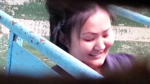 Pissing in restroom together with hairy MILF