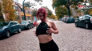 Small tits shaved amateur POV pickup in public