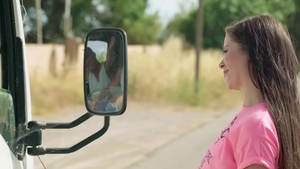 Skinny and small tits hitchhiker Cassie Fire MMF in public