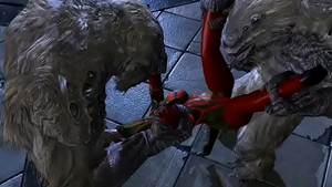 Naughty girl in sexy lingerie skyrim spit roasted in club